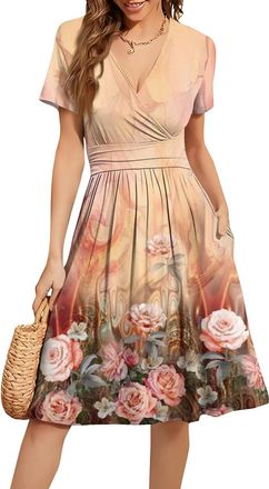 Generic Curve Dresses for Women UK, Womens Short Sleeve V Neck Wrap Summer Dress Casual Loose Comfortable Floral Sundress Beach Holiday Dresses with Pockets G