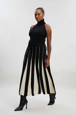 Karen Millen Womens Plus Size Pointelle Knit Colour Blocked Pleated Skirt - Monochrome Multi - Size X-Large
