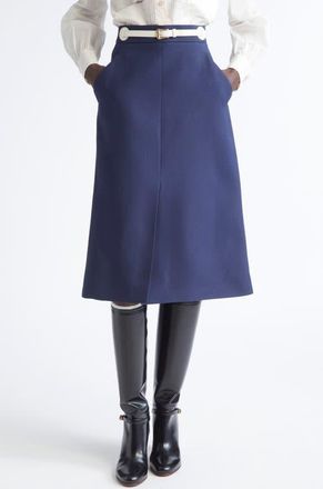 Valentino Garavani Belted Virgin Wool & Silk Midi Skirt in Indigo Multi at Nordstrom, Size 10 Us