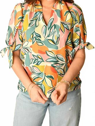 THML Clothing Leaf Print Top With Sleeve Tie In Multi