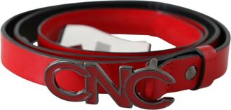 Costume National Womens Red Black Reversible Leather Logo Buckle Belt