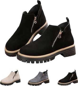 Generic Womens Round-Toe Ankle Boots with Side Zipper, Non-Slip Suede Leather Low Heel Short Boots, Dress Casual Chunky Heel Walking Shoes (4,Black)