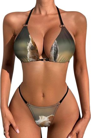 Generic Cute Yorkshire Terrier Dog Bikini Set for Women Sexy Triangle Bathing Suit Low Rise Thong 2 Piece Swimsuits M