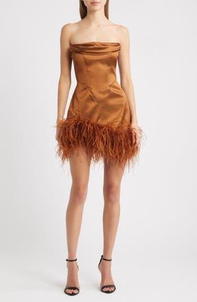Delfi Adrienne Ostrich Feather Hem Strapless Satin Cocktail Minidress in Bronze at Nordstrom Rack, Size X-Small
