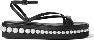 Jimmy Choo London Pine Flat Pearl Embellished Leather Sandals, Brand Size 34 ( US Size 4 )