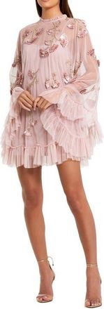 Mac Duggal Embellished Long Sleeve Trapeze Dress with Ruffle Hem in Porcelain Gold at Nordstrom, Size 14