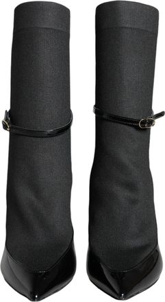 Dolce & Gabbana Black Leather Stilettos Booties Socks Womens Shoes