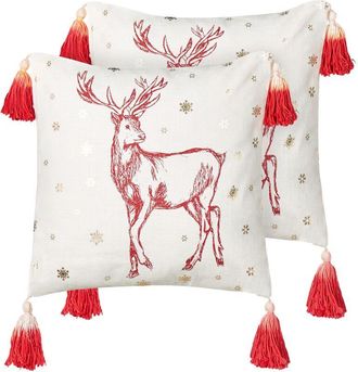 Beliani Conjunto De Cojines De Algod&oacute;n Estampado De Navidad 45 X 45 Cm Accesorio Decorativo Reno Blanco Rojo Vallota