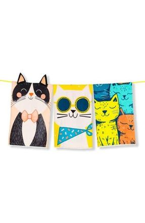 Tiramisu Cool Cats Set of 3 Cotton Kitchen Towels in Blue/Yellow/Black at Nordstrom Rack