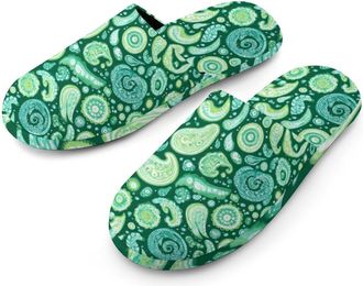 Generic Green Paisley Mens Flannel Slipper Soft Comfy House Shoes Non Slip Winter Warm Indoor Outdoor Slippers