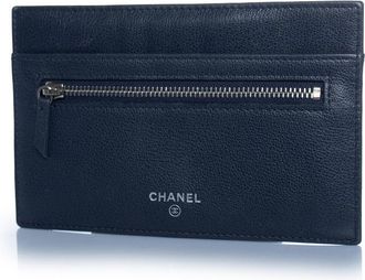 Chanel blauwe leren ritsportemonnee met kaartsleuf