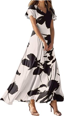 Generic Summer Dresses for Women UK Empire Waist Comfy Boho Floral Print V Neck Ladies Maxi Dress Beach Swing Long Dresses Slim Fit A Line Wrap Flowy Dress wi