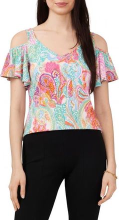 Chaus Print Cold Shoulder Top in Aqua/Pink/Multi at Nordstrom, Size Medium