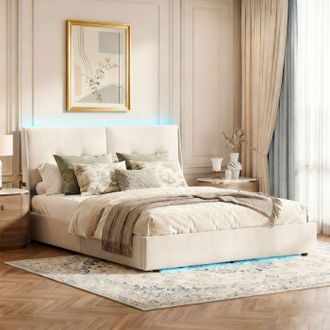 OEM Cama Lit 140x190 - Pocketpop - Terciopelo Beige - Con Led Y Somier De Lamas - 2 Plazas