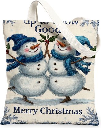 Generic Winter Snow Man Canvas Tote Bags, Snow Man Pattern Reusable Grocery Bags, Holiday Vintage Lightweight Washable Shoulder Str, White, 13x15 Inch