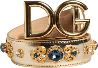 Dolce & Gabbana Gold Leather Crystals Logo Metal Buckle Womens Belt (Pre-Owned)
