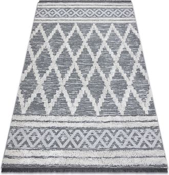 RugsX Tappeto Eco Sizal Boho Moroc Diamants 22297 Franges - Due Livelli Di Pile Grigio / Crema, Tappeto In Cotone Riciclato Grey 117x170 Cm