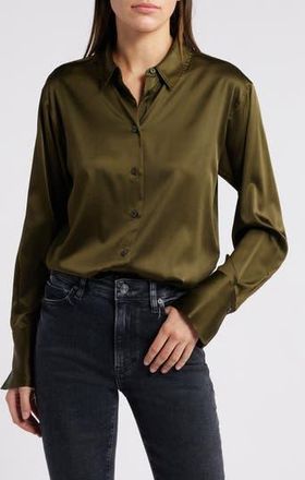 Frame Denim The Standard Womens Stretch Silk Button-Up Shirt in Rich Military at Nordstrom Rack, Size Small