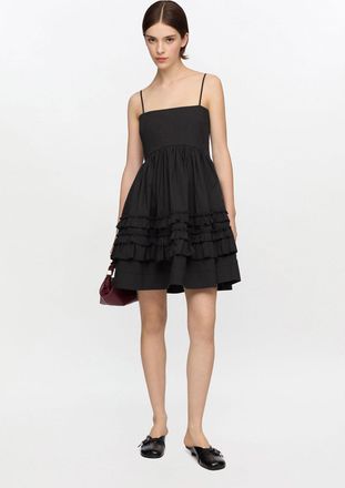 Ganni Black Mini Frill Dress - Size 34 Organic Cotton