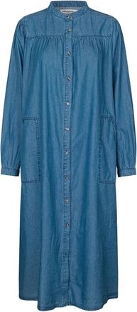 Lollys Laundry Blauwe Jurk met Lange Mouwen en Mandarin Kraag - Dames - Casual kleedjes - Blauw - S - Katoen - Kleedjes
