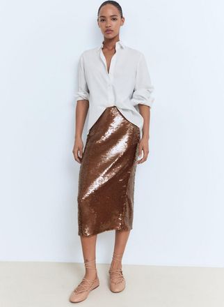 Mango Gonna paillettes midi marrone - Donna - 38 - MANGO