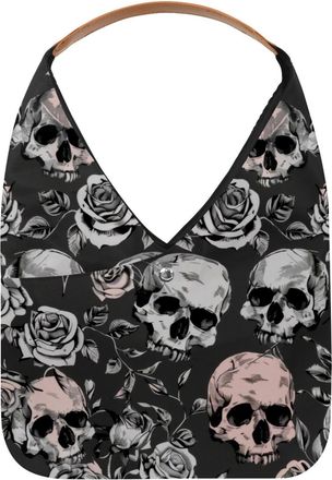 Generic Grey Skull Rose Patterns Reusable Lightweight Grocery Bags - Foldable Into Compact Pouch, Washable & Sturdy, Multipurpose for Shopping and Travel