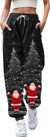 Generic Christmas Joggers for Women UK Funny Print Holiday Sweatpants High Waist Baggy Trousers Oversized Xmas Drawstring Jogging Pants Ladies Gym Walking Spo