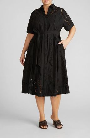 Universal Standard Eyelet Tie Waist Poplin Shirtdress in Black at Nordstrom, Size Xx-Large