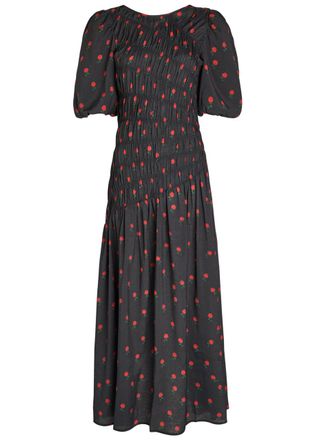 Never Fully Dressed Nara Rose-print Shirred Woven Midi Dress - Black - 18 (UK18 / Xxl)