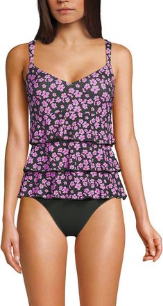 Lands End Smoothing Control Ruffle Fauxkini One Piece Swimsuit in Olive Green Pansy Floral at Nordstrom, Size 18W