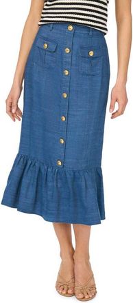 CeCe by Cynthia Steffe Button-Up Denim Midi Skirt in Med Indigo at Nordstrom, Size 12