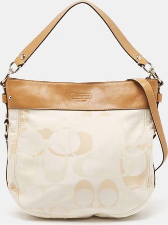 Coach Brown/beige Op Art Signature Fabric And Leather Zoe Hobo