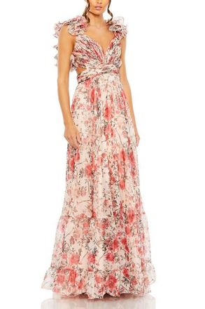 Mac Duggal Tiered Floral Chiffon Gown with Ruffle Accents and Open Back in Rose Multi at Nordstrom, Size 12