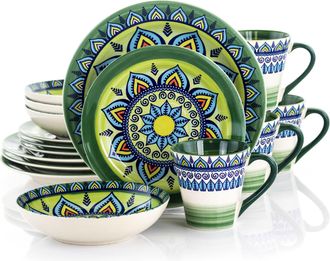 Elama Zen Green Mozaik 16 Piece Luxurious Stoneware Dinnerware with Complete Setting for 4, 16pc