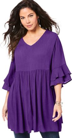Roaman's Hand Crinkled Flutter Sleeve Tunic in Purple Orchid at Nordstrom, Size 20