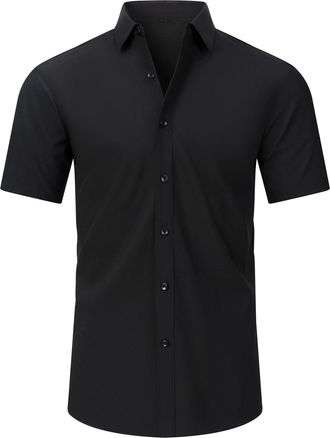 Generic Mens Super Stretchy Quick-Drying Breathable Dress Shirt, Button Down Short Sleeve Casual Summer Dress Shirts (Black,S)
