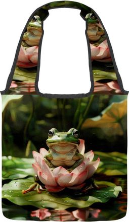 Generic Frog on Lotus Pond (14) Reversible Canvas Shoulder Tote - Double-Sided Print, 12oz Cotton, 27cm Drop, Fold-Flat Bag for Travel, Shopping, Street Outin