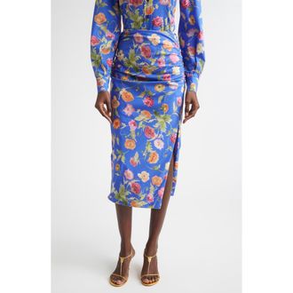 Carolina Herrera Poppy Print Ruched Pencil Skirt in Bluebell Multi at Nordstrom, Size 14