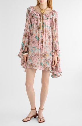 Chlo&eacute; Bouquet Print Long Sleeve Silk Cr&ecirc;pe de Chine Minidress in Muddy Grey at Nordstrom, Size 4 Us