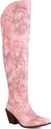 Generic Womens Square Toe Thigh High Boots Chunky High Heel Cowgirl Boots PU Leather Embroidered Western Cowboy Boot with Side Zipper,Pink,5.5 UK