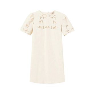 Twinset Short Dresses, female, Beige, Size: XS Short Linen Blend Dress with Embroidery