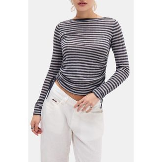 BDG Stripe Side Ruched Sheer Knit Top in Grey at Nordstrom, Size X-Large