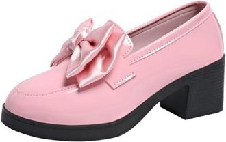 Generic Womens Satin Bowknot Chunky Loafers, Patent Leather Heeled Loafers Work Office Business Casual Spring Fall Shoes (Pink,6.5)