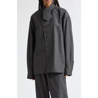 Plan C Wool Shirt with Tie in Melange Black/white at Nordstrom, Size 42