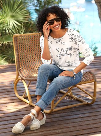 Heine Strickpullover HEINE Druck-Pullover, Damen, Gr. 34, ecru, anthrazit, bedruckt, 50% Viskose, 28% Polyester, 22% Polyamid, bedruckt, gemustert, mehrfarb