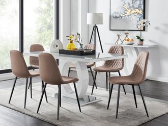 Furniturebox Giovani 6-Seater Grey Glass Dining Table & 6 Corona Faux Leather Dining Chairs in Beige