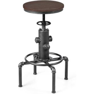 Costway Costway Taburete De Bar, Altura Ajustable 59,5-75cm, Silla Industrial Giratorio 360&deg;de Asiento De Madera Y Patas De Metal, Taburete Alto Para Comedor 