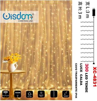 Trade Shop Trade Shop - Tenda Luminosa Natalizia 300led Luce Calda Cavo Trasparente 8giochi Luce Xc-4831