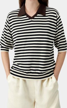 CORDERA Organic Cotton V-Neck Polo Shirt In Ecru Black