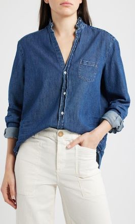 Frank & Eileen Ruffle Collar Relaxed Button Up Shirt in Dark Vintage Wash at Nordstrom, Size Xx-Small